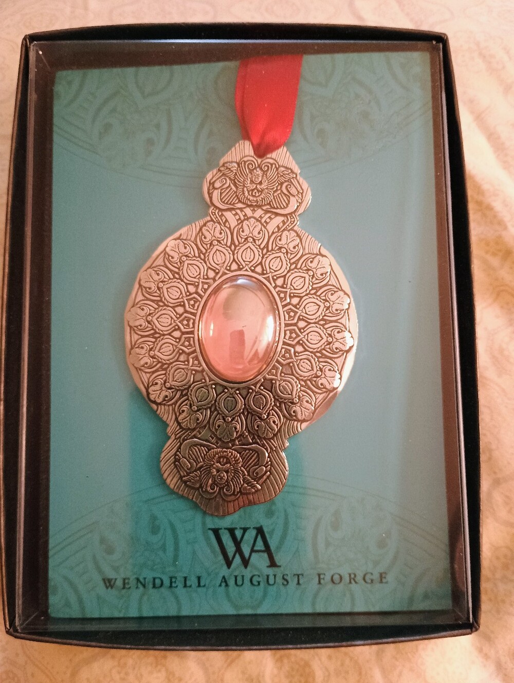 Wendell August Forge Handcrafted Metal Medallion Ornament with Peach Cabochon Ce